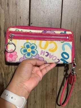 Coach Cream Floral Wristlet with Pink Trim